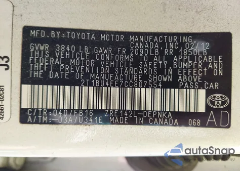 2012 Toyota Corolla Le из США, поврежденный, VIN 2T1BU4EE7CC807554